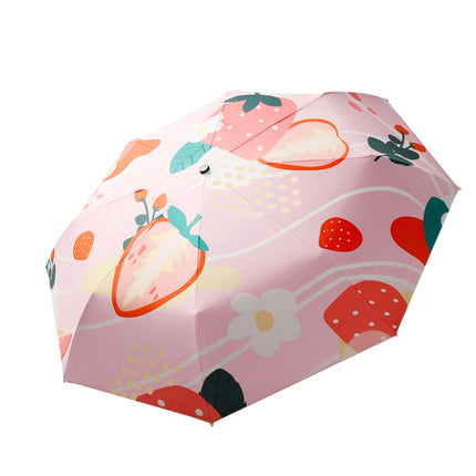 Small Fresh Automatic Umbrella Gold Glue Fabric Tri-fold Parasol(Strawberry)-garmade.com