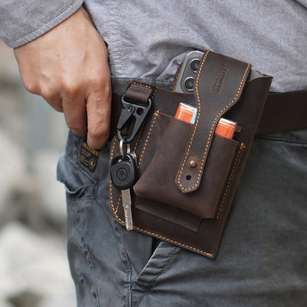 EASYONLY Men Dual Phone Hanging Pocket Bag Outdoor Leather With Cover Anti-lost Bag(Coffee)-garmade.com