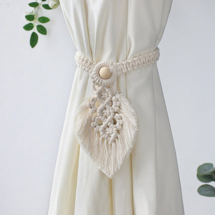 Hand Braided Wooden Bead Curtain Tie Free Buckle Tassel Tie Rope 13x40cm(Beige)-garmade.com