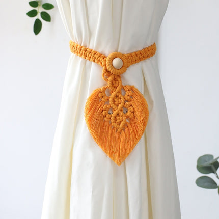 Hand Braided Wooden Bead Curtain Tie Free Buckle Tassel Tie Rope 13x40cm(Yellow)-garmade.com