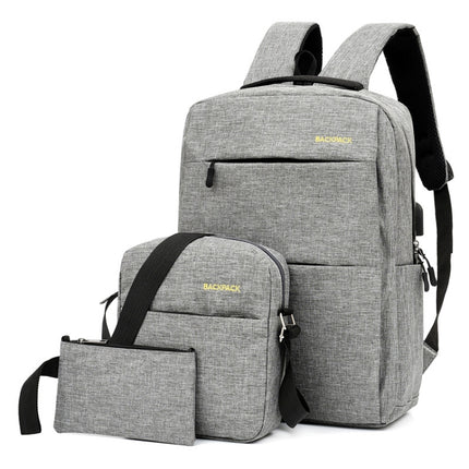 Three PCS/Sets USB Charging Outdoor Travel Backpack Student School Bag(Gray)-garmade.com