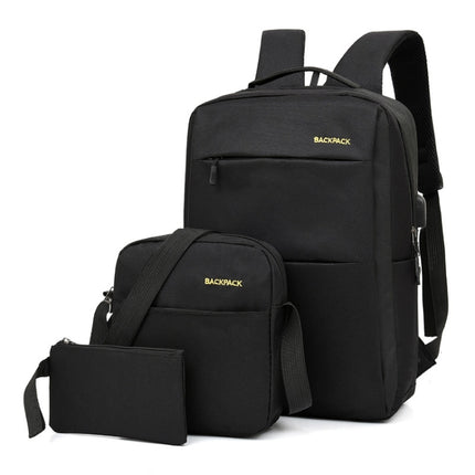 Three PCS/Sets USB Charging Outdoor Travel Backpack Student School Bag(Black)-garmade.com