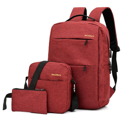 Three PCS/Sets USB Charging Outdoor Travel Backpack Student School Bag(Red)-garmade.com