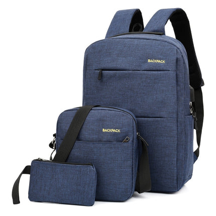 Three PCS/Sets USB Charging Outdoor Travel Backpack Student School Bag(Blue)-garmade.com
