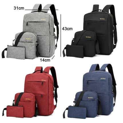 Three PCS/Sets USB Charging Outdoor Travel Backpack Student School Bag(Gray)-garmade.com