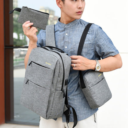 Three PCS/Sets USB Charging Outdoor Travel Backpack Student School Bag(Blue)-garmade.com