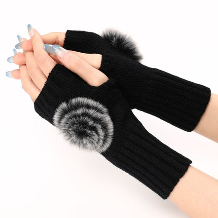 Autumn And Winter Women Fingerless Fur Ball Gloves Knitted Wool Warm Sleeves(Black)-garmade.com
