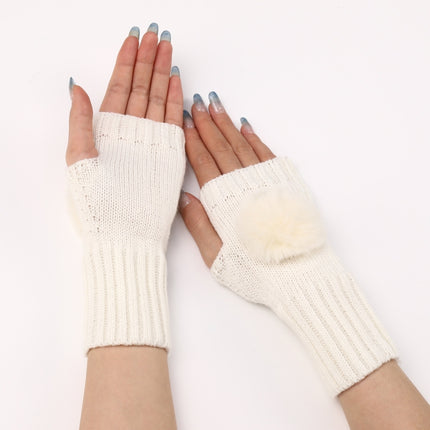 Autumn And Winter Women Fingerless Fur Ball Gloves Knitted Wool Warm Sleeves(White)-garmade.com