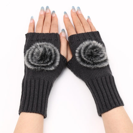 Autumn And Winter Women Fingerless Fur Ball Gloves Knitted Wool Warm Sleeves(Dark Gray)-garmade.com