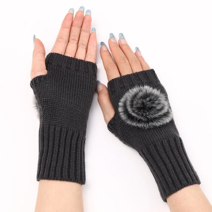 Autumn And Winter Women Fingerless Fur Ball Gloves Knitted Wool Warm Sleeves(Dark Gray)-garmade.com