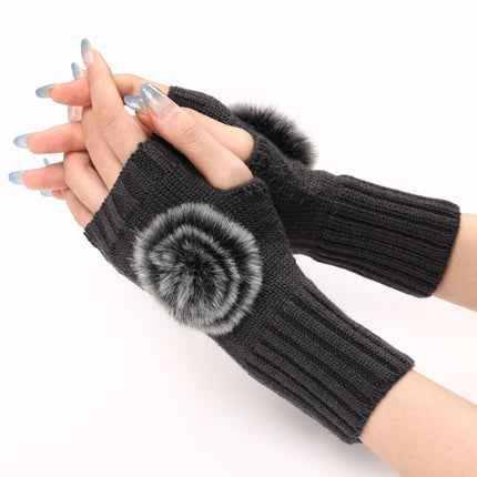 Autumn And Winter Women Fingerless Fur Ball Gloves Knitted Wool Warm Sleeves(Dark Gray)-garmade.com