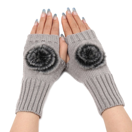 Autumn And Winter Women Fingerless Fur Ball Gloves Knitted Wool Warm Sleeves(Light Grey)-garmade.com