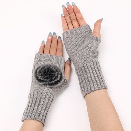 Autumn And Winter Women Fingerless Fur Ball Gloves Knitted Wool Warm Sleeves(Light Grey)-garmade.com