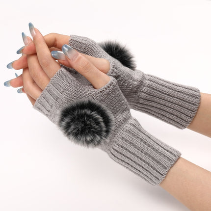 Autumn And Winter Women Fingerless Fur Ball Gloves Knitted Wool Warm Sleeves(Light Grey)-garmade.com
