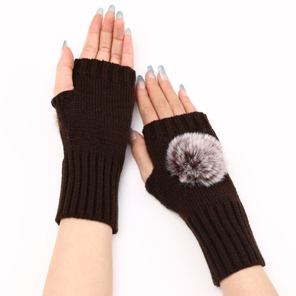 Autumn And Winter Women Fingerless Fur Ball Gloves Knitted Wool Warm Sleeves(Coffee)-garmade.com