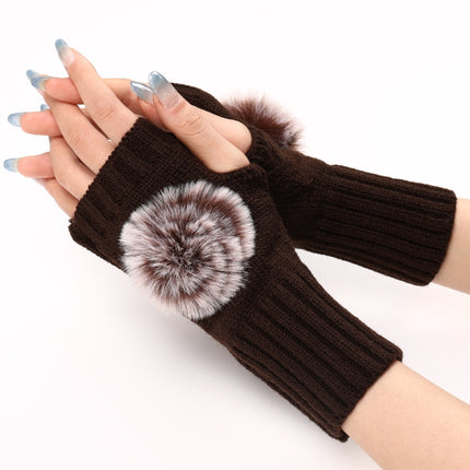 Autumn And Winter Women Fingerless Fur Ball Gloves Knitted Wool Warm Sleeves(Coffee)-garmade.com