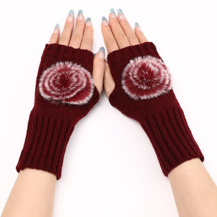 Autumn And Winter Women Fingerless Fur Ball Gloves Knitted Wool Warm Sleeves(Wine Red)-garmade.com