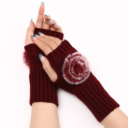Autumn And Winter Women Fingerless Fur Ball Gloves Knitted Wool Warm Sleeves(Wine Red)-garmade.com