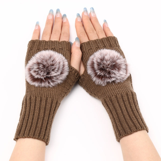 Autumn And Winter Women Fingerless Fur Ball Gloves Knitted Wool Warm Sleeves(Khaki)-garmade.com