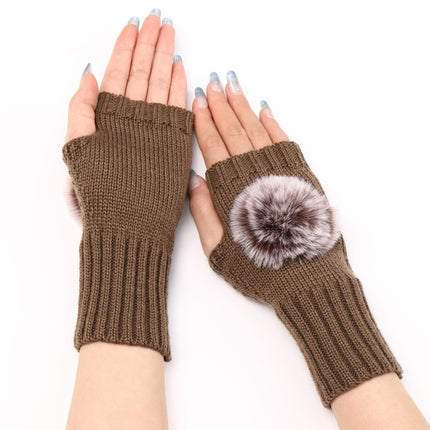 Autumn And Winter Women Fingerless Fur Ball Gloves Knitted Wool Warm Sleeves(Khaki)-garmade.com
