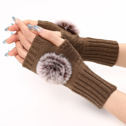Autumn And Winter Women Fingerless Fur Ball Gloves Knitted Wool Warm Sleeves(Khaki)-garmade.com