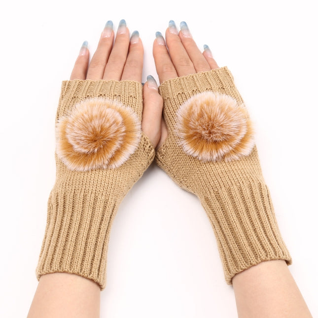 Autumn And Winter Women Fingerless Fur Ball Gloves Knitted Wool Warm Sleeves(Cream Color)-garmade.com