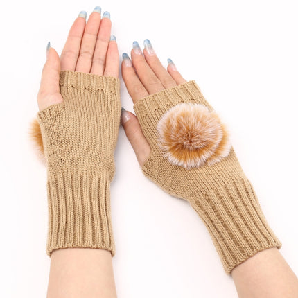 Autumn And Winter Women Fingerless Fur Ball Gloves Knitted Wool Warm Sleeves(Cream Color)-garmade.com