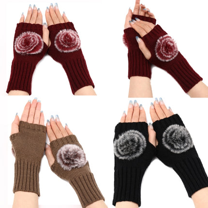 Autumn And Winter Women Fingerless Fur Ball Gloves Knitted Wool Warm Sleeves(Black)-garmade.com