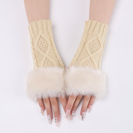 Ladies Short Type Furry Gloves Diamond Knit Warm Fingerless Arm Sleeves(Beige)-garmade.com