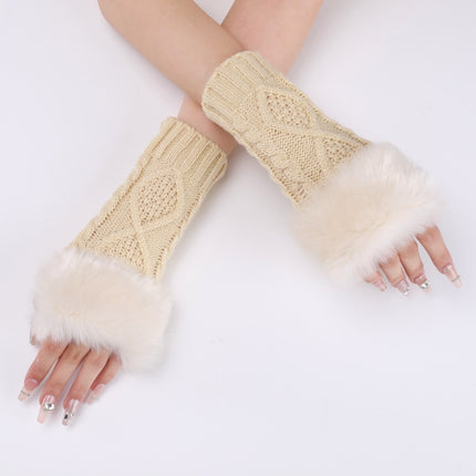 Ladies Short Type Furry Gloves Diamond Knit Warm Fingerless Arm Sleeves(Beige)-garmade.com