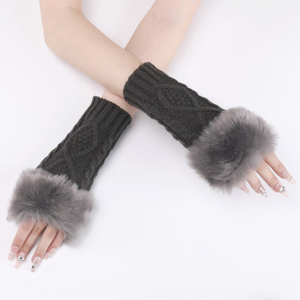 Ladies Short Type Furry Gloves Diamond Knit Warm Fingerless Arm Sleeves(Dark Gray)-garmade.com