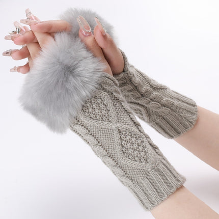 Ladies Short Type Furry Gloves Diamond Knit Warm Fingerless Arm Sleeves(Light Grey)-garmade.com