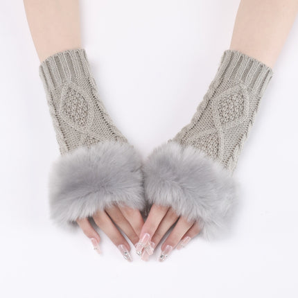 Ladies Short Type Furry Gloves Diamond Knit Warm Fingerless Arm Sleeves(Light Grey)-garmade.com