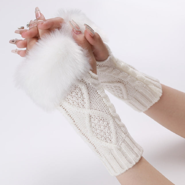 Ladies Short Type Furry Gloves Diamond Knit Warm Fingerless Arm Sleeves(White)-garmade.com