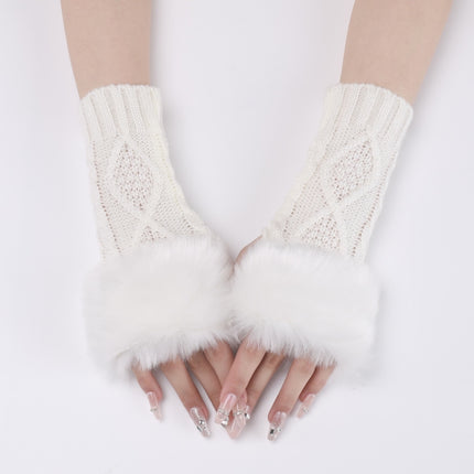 Ladies Short Type Furry Gloves Diamond Knit Warm Fingerless Arm Sleeves(White)-garmade.com