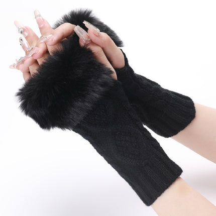 Ladies Short Type Furry Gloves Diamond Knit Warm Fingerless Arm Sleeves(Black)-garmade.com