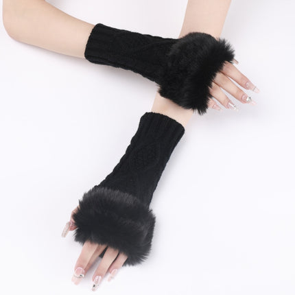 Ladies Short Type Furry Gloves Diamond Knit Warm Fingerless Arm Sleeves(Black)-garmade.com