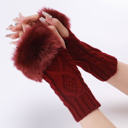 Ladies Short Type Furry Gloves Diamond Knit Warm Fingerless Arm Sleeves(Wine Red)-garmade.com