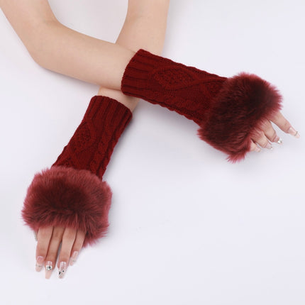 Ladies Short Type Furry Gloves Diamond Knit Warm Fingerless Arm Sleeves(Wine Red)-garmade.com
