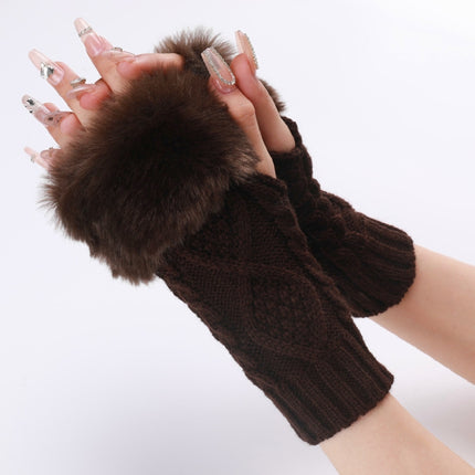 Ladies Short Type Furry Gloves Diamond Knit Warm Fingerless Arm Sleeves(Coffee)-garmade.com