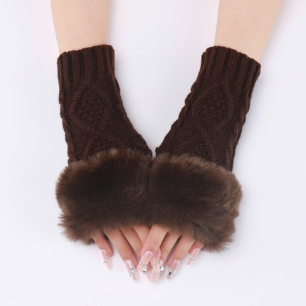 Ladies Short Type Furry Gloves Diamond Knit Warm Fingerless Arm Sleeves(Coffee)-garmade.com