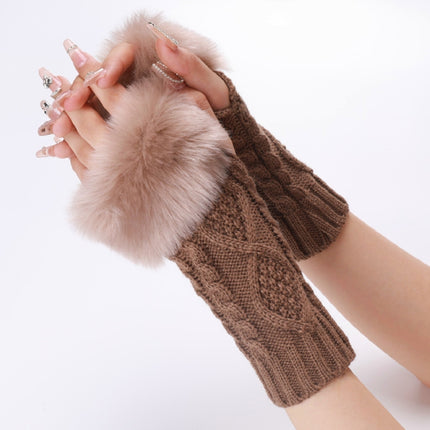 Ladies Short Type Furry Gloves Diamond Knit Warm Fingerless Arm Sleeves(Khaki)-garmade.com