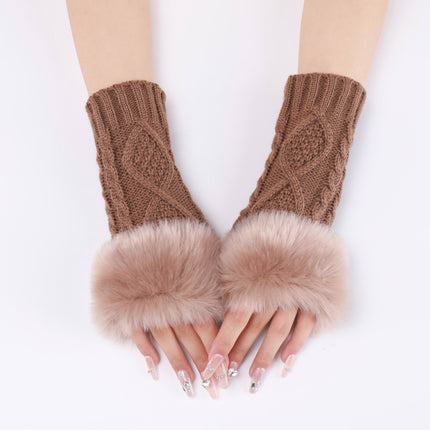 Ladies Short Type Furry Gloves Diamond Knit Warm Fingerless Arm Sleeves(Khaki)-garmade.com