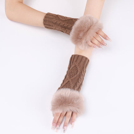 Ladies Short Type Furry Gloves Diamond Knit Warm Fingerless Arm Sleeves(Khaki)-garmade.com