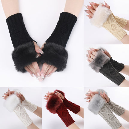 Ladies Short Type Furry Gloves Diamond Knit Warm Fingerless Arm Sleeves(Coffee)-garmade.com