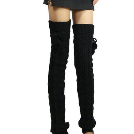 Ladies Winter Knitted Pile Up Socks Twist Over Knee Warm Boot Covers(Black)-garmade.com