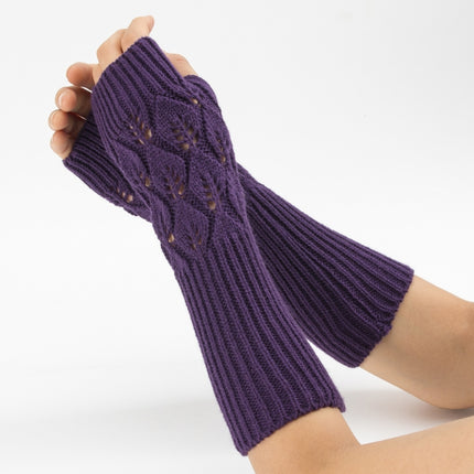 Winter Men and Women Knitted Jacquard Leaves Cycling Warm Fingerless Wool Gloves(Purple)-garmade.com