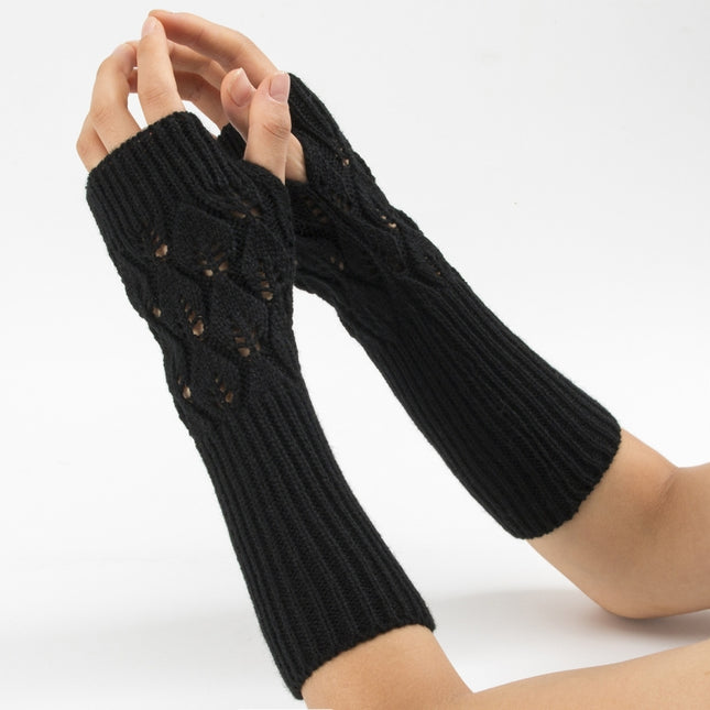 Winter Men and Women Knitted Jacquard Leaves Cycling Warm Fingerless Wool Gloves(Black)-garmade.com