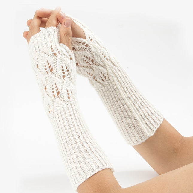 Winter Men and Women Knitted Jacquard Leaves Cycling Warm Fingerless Wool Gloves(White)-garmade.com