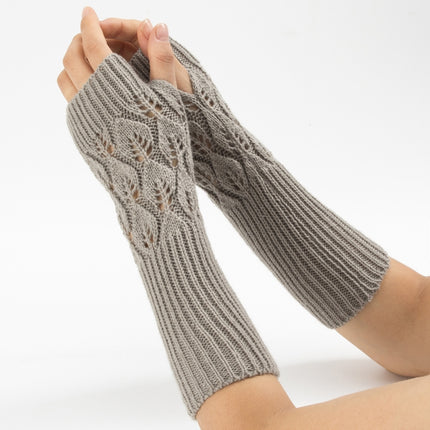 Winter Men and Women Knitted Jacquard Leaves Cycling Warm Fingerless Wool Gloves(Shallow Gray)-garmade.com
